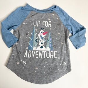Disney Olaf's Frozen Adventure Tee Girls S 6-7 Snowflakes 3/4 Sleeve Rugby